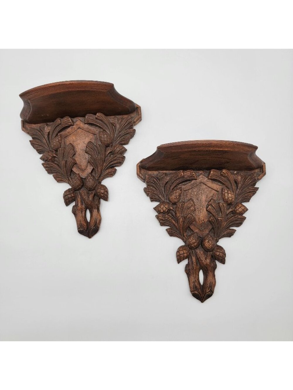 Antique Black Forest Wood Carved Thistle Wall Sconce Shelves Set Of 2